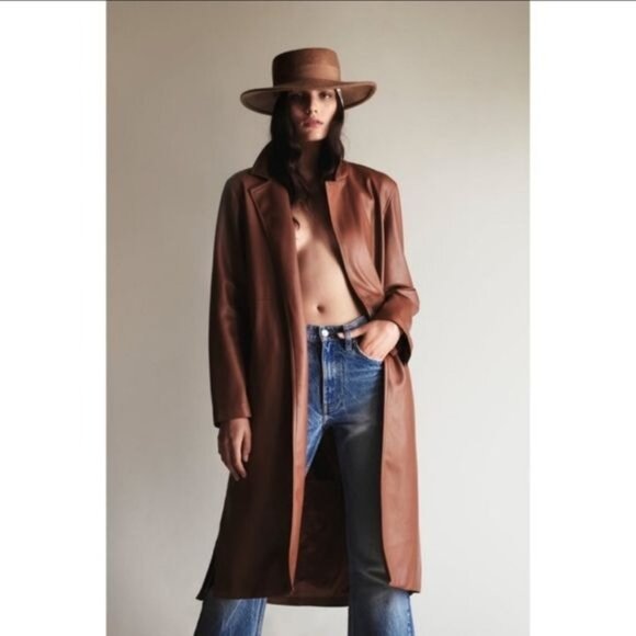 ZARA Brown Faux Leather Belted Long Trench Coat Sz M - Picture 4 of 14